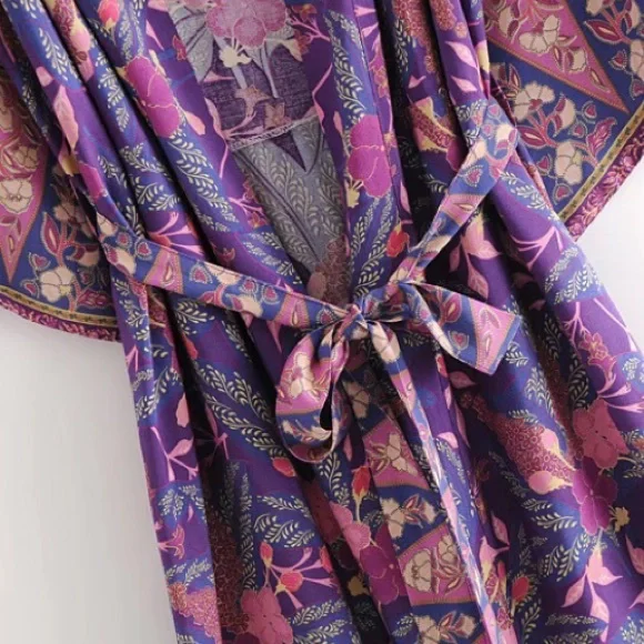 Boho Purple Floral Wisteria Kimono Duster Wrap - Picture 5 of 13